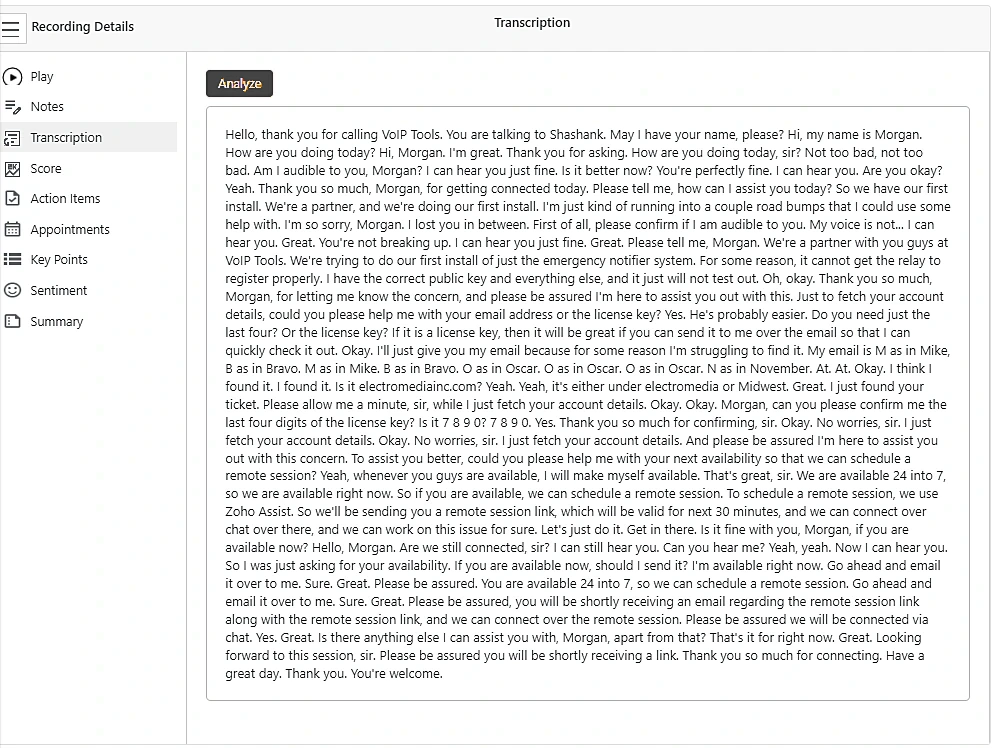 A full call transcription in the Recording Details window