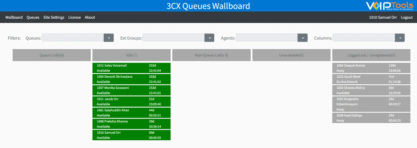Queues Wallboard screen: filters for queues, extension groups, agents and columns above columns of agents grouped as queue calls, idle, non-queue calls, unavailable and logged out