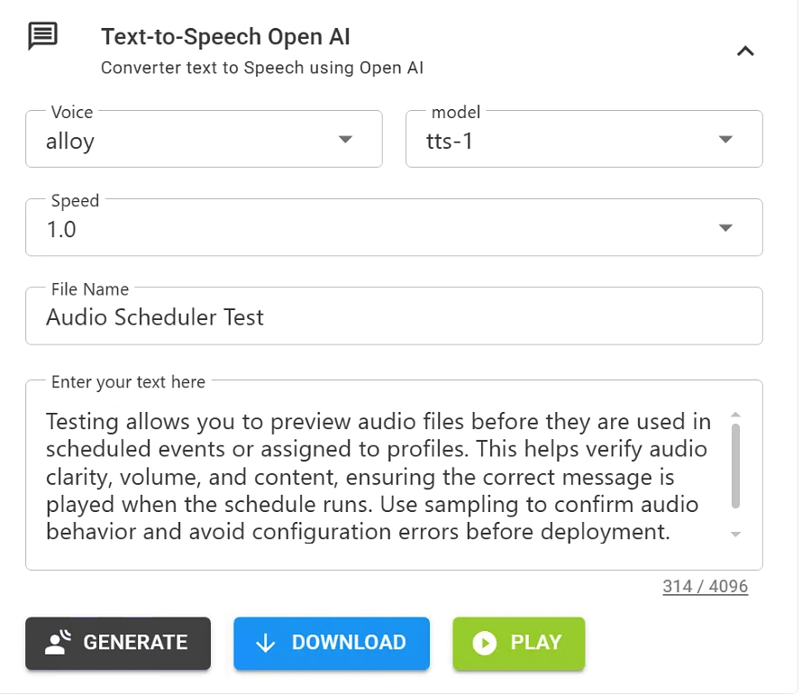 Text-to-Speech OpenAI panel with Voice, model, Speed, File Name and message text, and Generate, Download and Play buttons