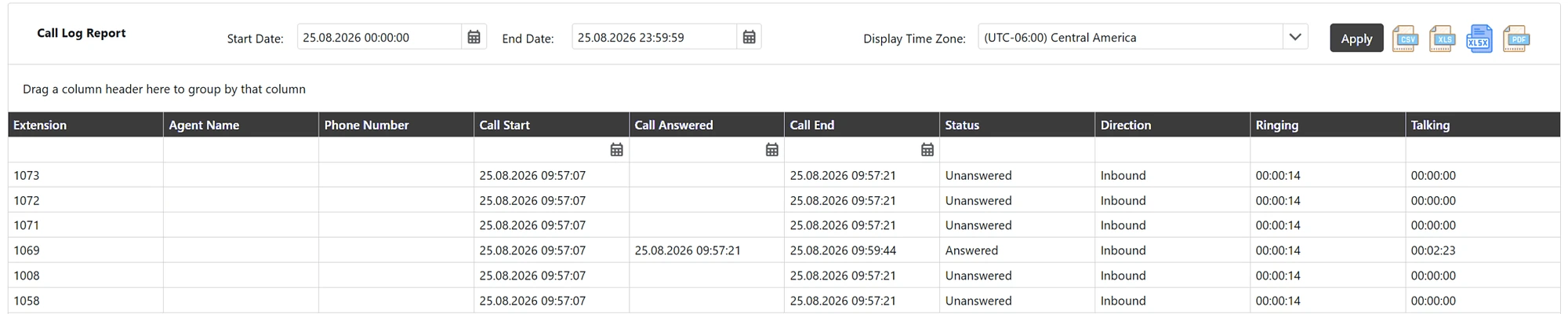 The Call Log Report with start and end dates, a time zone, export buttons for CSV, XLS, XLSX and PDF, and calls listed with start, answer and end times, status, direction, ringing and talking time.