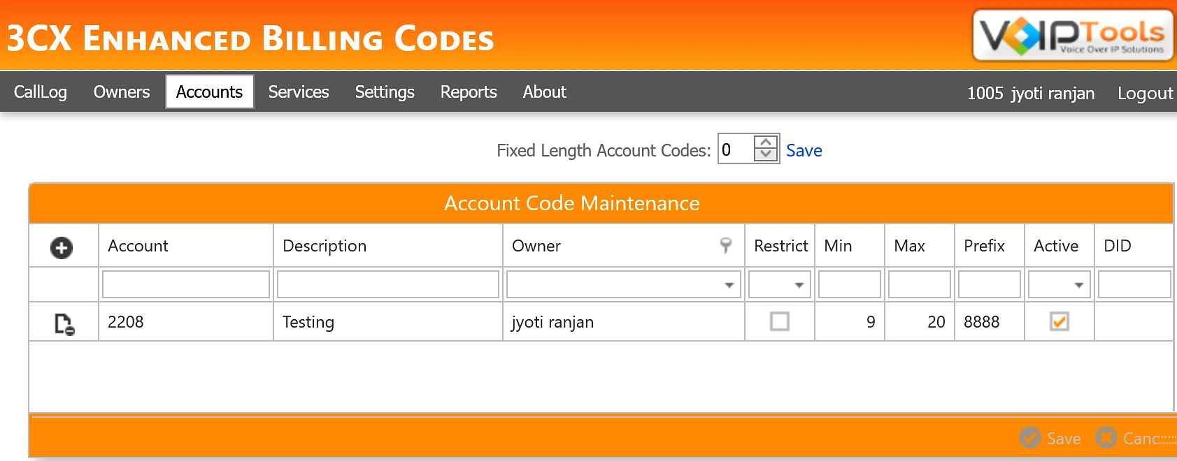 Enhanced Billing Codes Accounts screen with Fixed Length Account Codes setting and the Account Code Maintenance grid showing account, description, owner, restrict, min, max, prefix and active columns