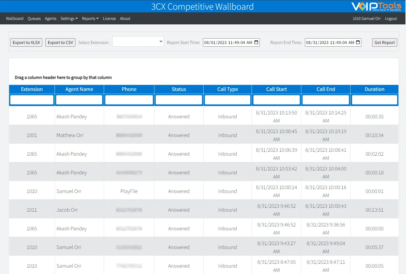 Competitive Wallboard Call Log Report with extension, agent name, phone, status, call type, call start, call end and duration