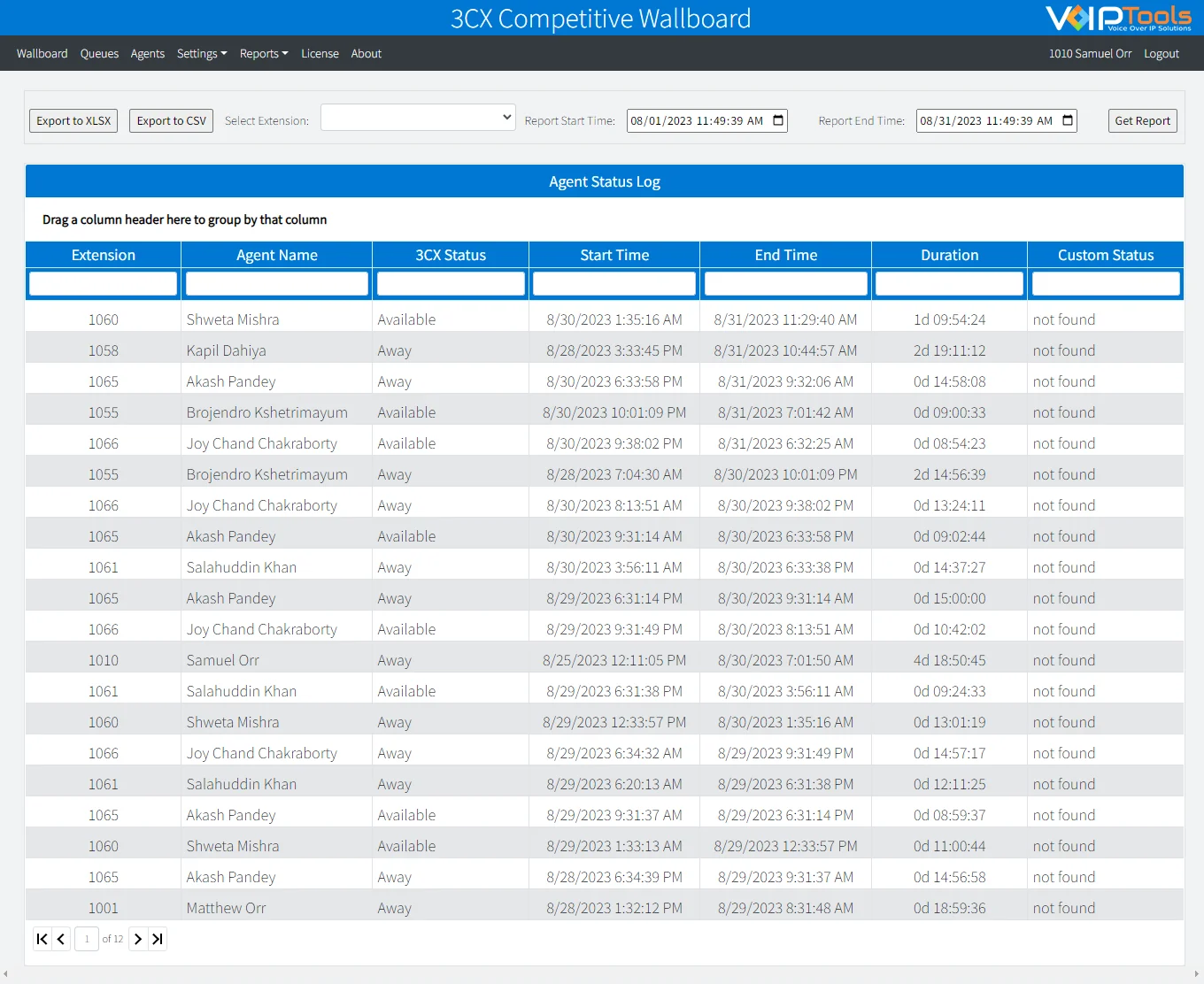 Competitive Wallboard Agent Status Log with extension, agent name, 3CX status, start time, end time, duration and custom status