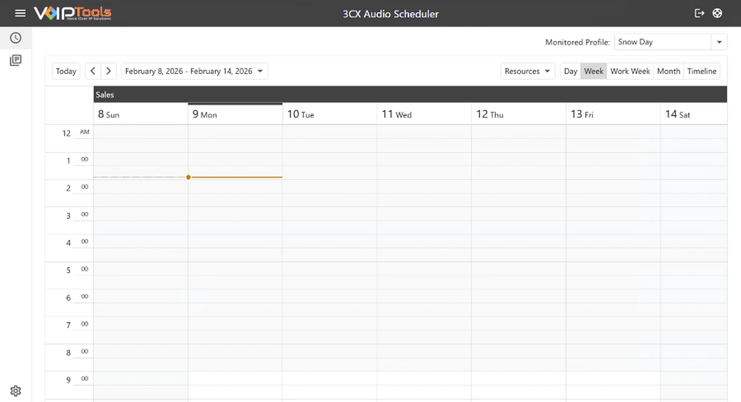 Audio Scheduler Week view: a weekly calendar for the Sales resource with Day, Week, Work Week, Month and Timeline buttons and the Monitored Profile selector