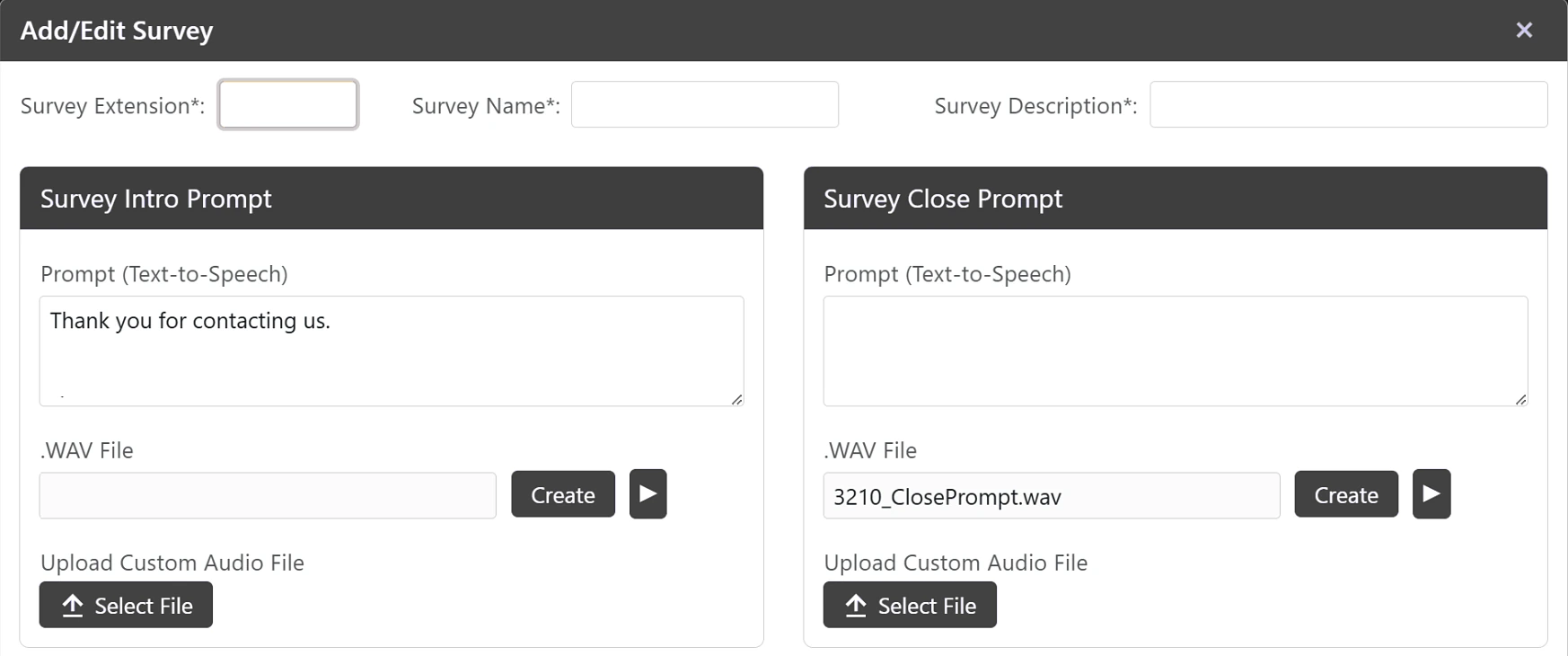 Add/Edit Survey window with Survey Extension, Survey Name and Survey Description fields, and Survey Intro Prompt and Survey Close Prompt panels, each with a text-to-speech prompt, a .WAV file field and an upload button
