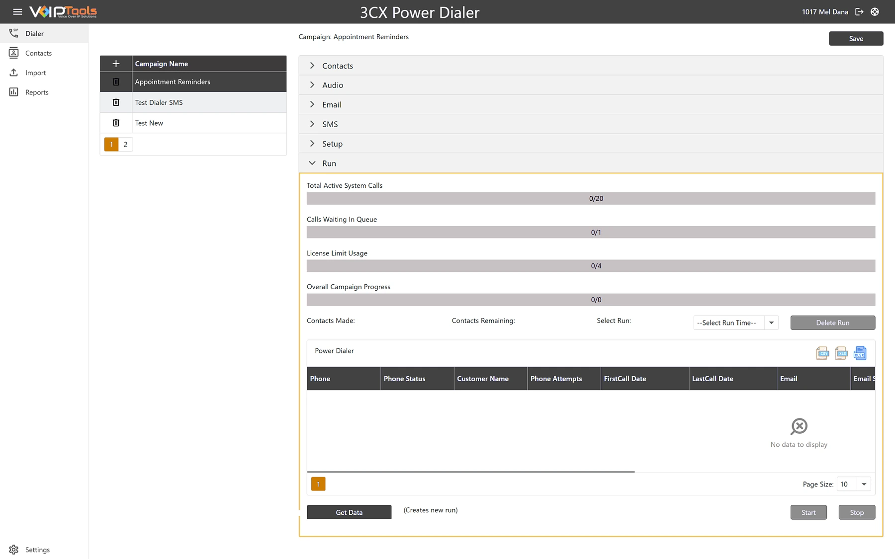 Power Dialer Run tab for the Appointment Reminders campaign, with bars for active system calls, calls waiting in queue, license limit usage and overall campaign progress, plus Get Data, Start and Stop buttons