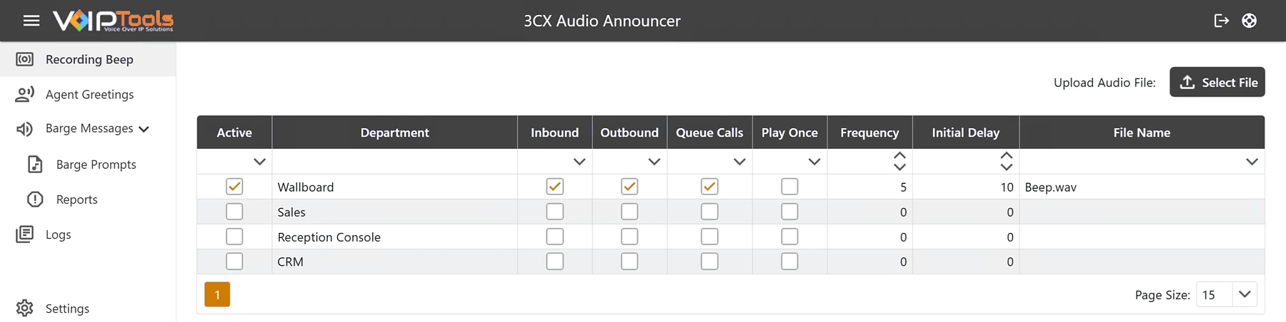 Recording Beep page with a grid of departments and columns for Active, Inbound, Outbound, Queue Calls, Play Once, Frequency, Initial Delay and File Name