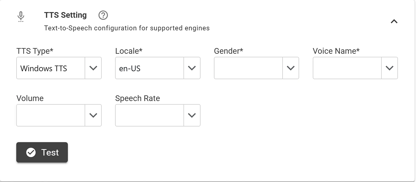 TTS Setting panel with TTS Type set to Windows TTS and Locale, Gender, Voice Name, Volume and Speech Rate fields