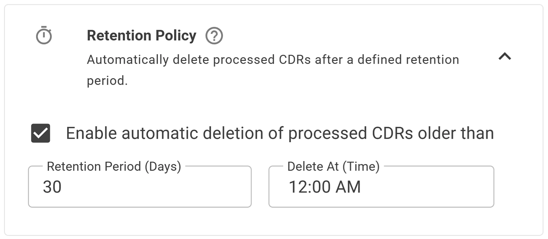 Retention Policy settings with automatic deletion of processed CDRs turned on, a retention period of 30 days and a delete time of 12:00 AM