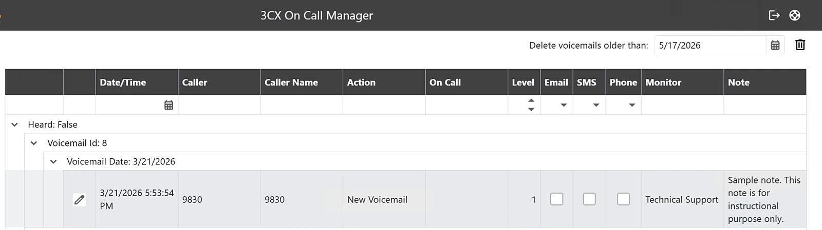 The Events page showing an after-hours voicemail request with its caller, escalation level, department and a note