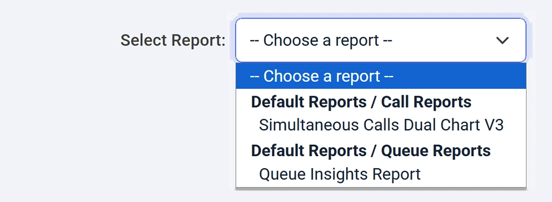 The Select Report list in the Report Viewer, showing Default Reports, Call Reports with Simultaneous Calls Dual Chart V3, and Queue Reports with Queue Insights Report
