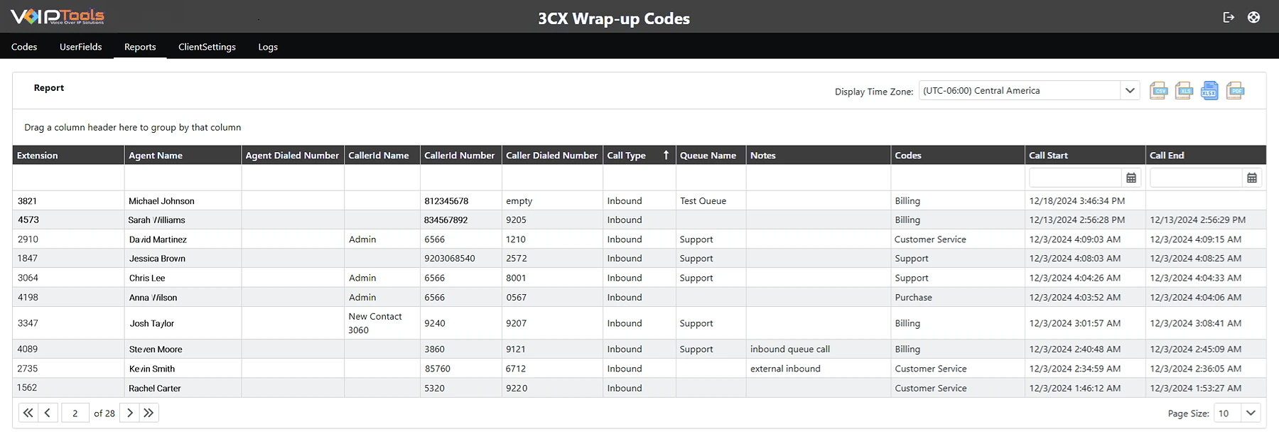 The Wrap-up Codes Reports screen: a table of coded calls with Extension, Agent Name, Caller ID, Call Type, Queue Name, Notes, Codes, Call Start and Call End columns, a Display Time Zone list and export buttons