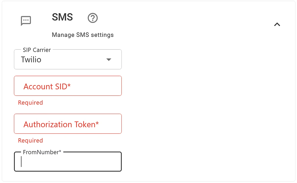 SMS settings with Twilio selected as the carrier