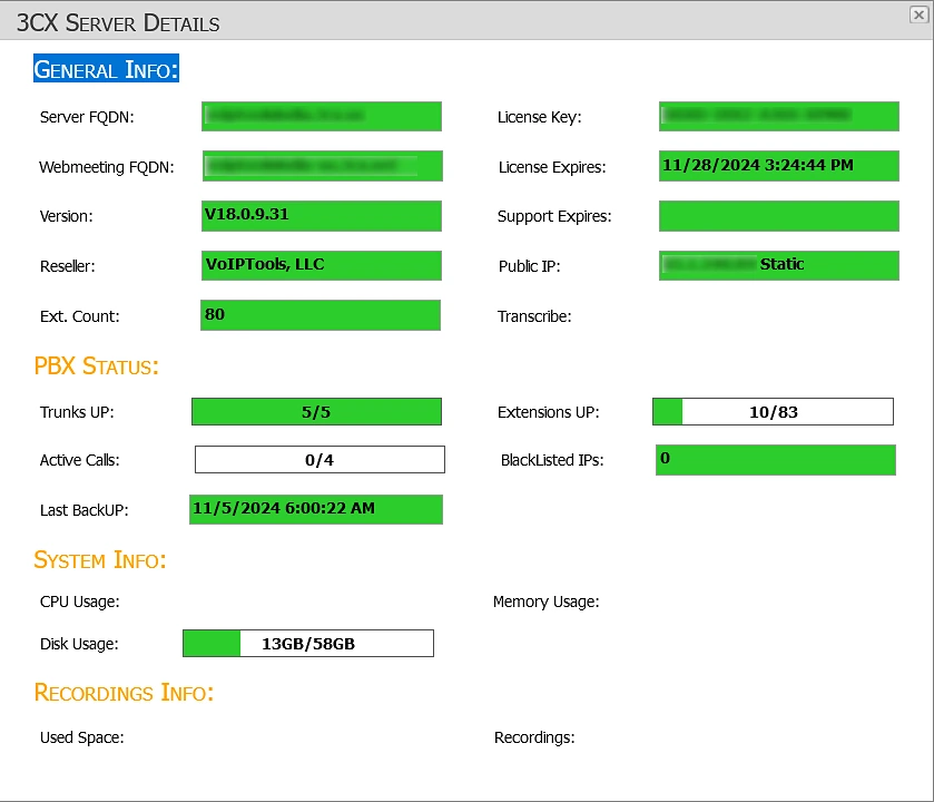 3CX Server Details popup with General Info, PBX Status, System Info and Recordings Info sections