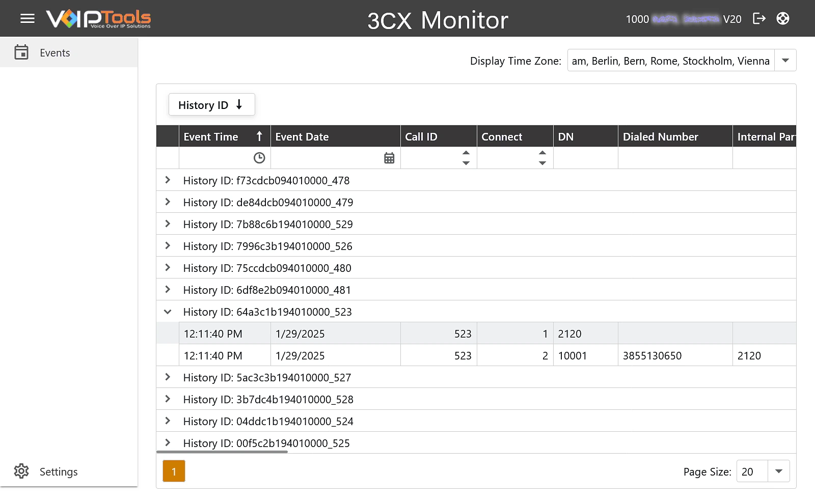 Events grouped by History ID, with one group expanded to show two entries for Call ID 523, connections 1 and 2