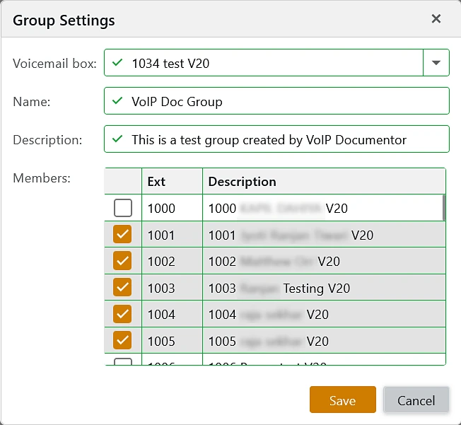 Group Settings window with a voicemail box, group name, description and a list of member extensions with checkboxes