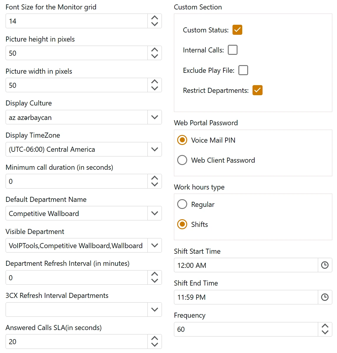 General settings: font size, picture size, display culture and time zone, minimum call duration, departments, refresh interval, answered calls SLA, custom section checkboxes, web portal password, work hours type with shift times, and frequency.