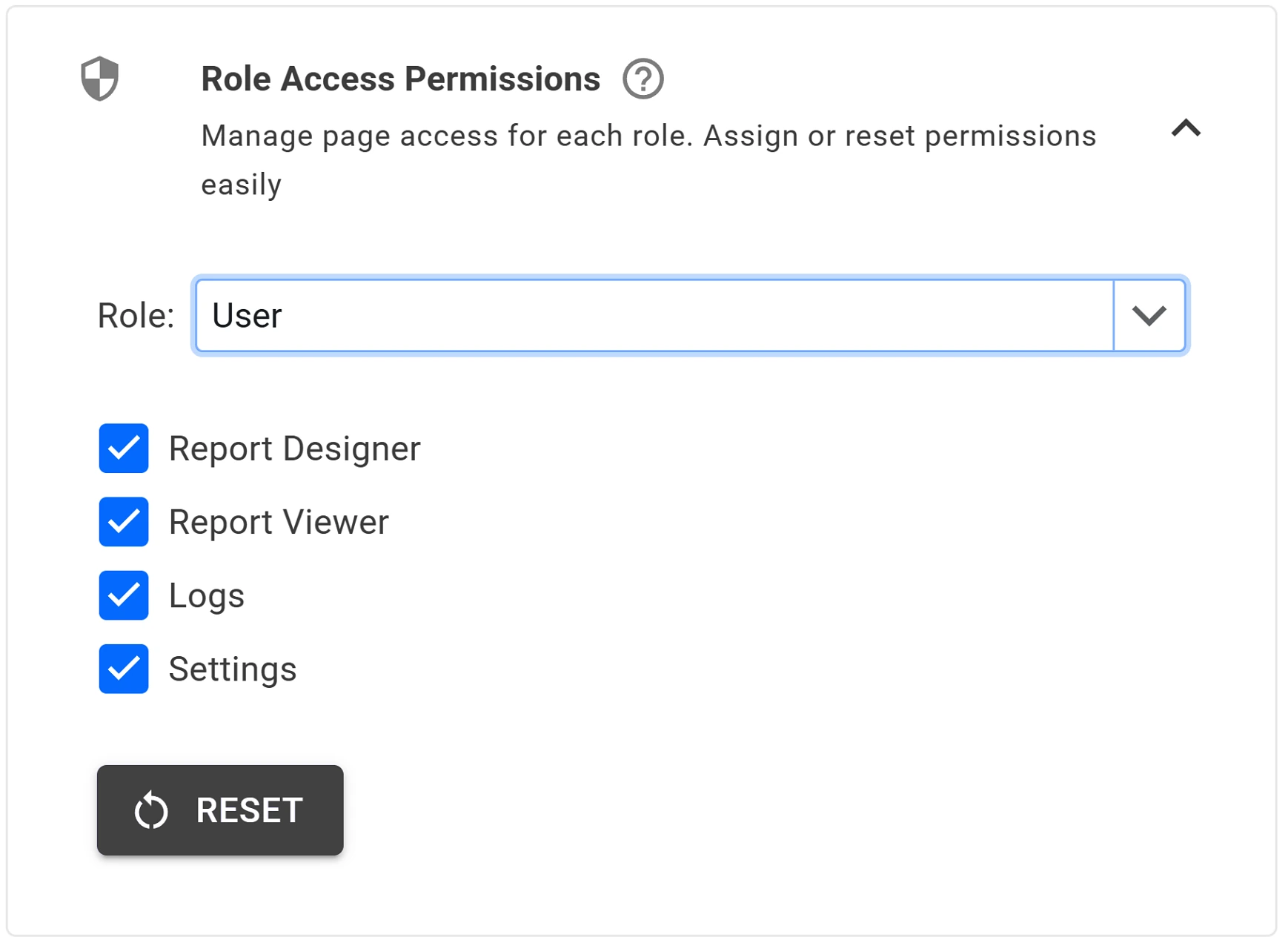 Role Access Permissions settings with the User role selected and checkboxes for Report Designer, Report Viewer, Logs and Settings
