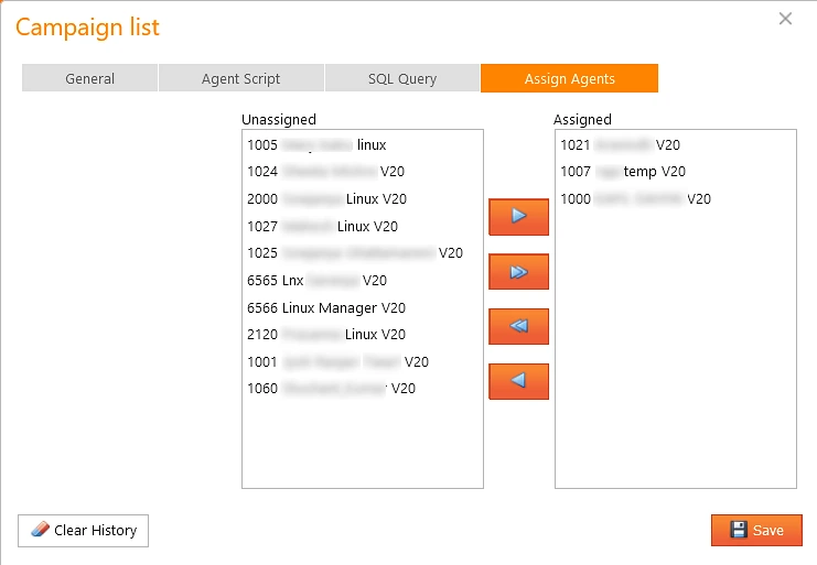 Campaign list window on the Assign Agents tab, with extensions in an Unassigned list, three in an Assigned list, and buttons to move them between the two
