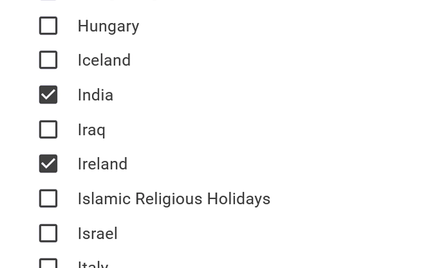 The Country Holidays list open, with India and Ireland ticked and other entries such as Hungary, Iceland, Iraq, Islamic Religious Holidays, Israel and Italy