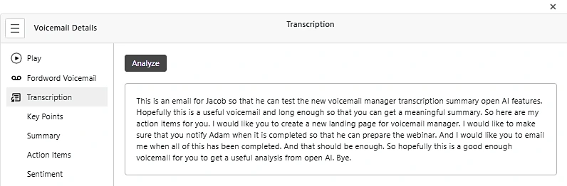 Transcription tab of a voicemail showing the full message as text, with an Analyze button