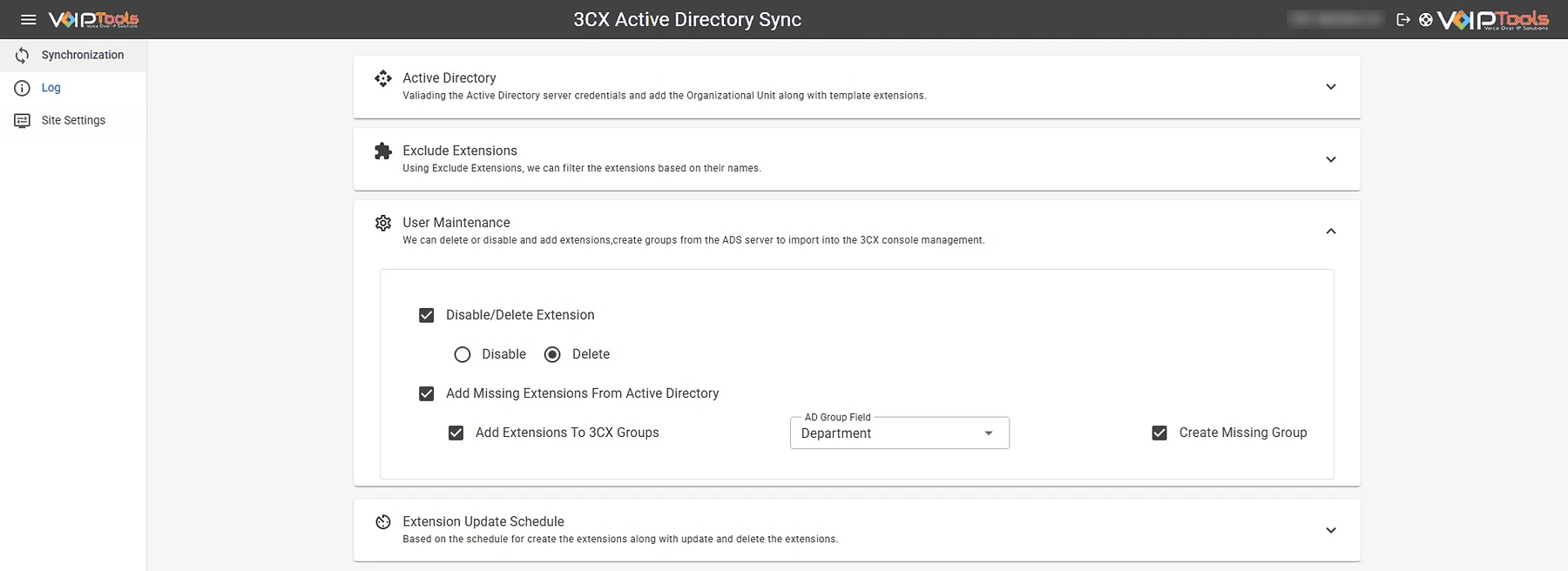 Active Directory Sync Synchronization screen with the Active Directory, Exclude Extensions, User Maintenance and Extension Update Schedule sections. User Maintenance is open with Disable/Delete Extension, Add Missing Extensions From Active Directory, Add Extensions To 3CX Groups using the Department field, and Create Missing Group