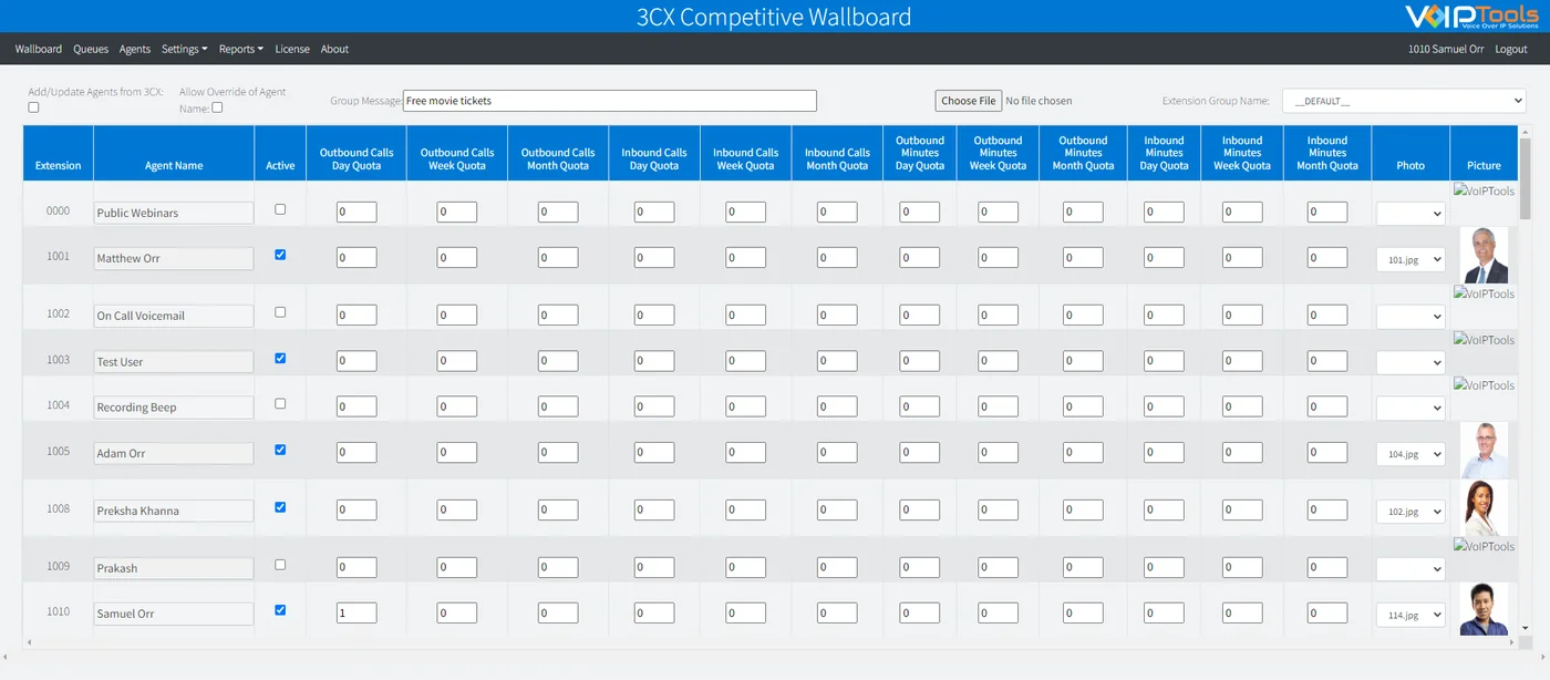 Competitive Wallboard Agents tab: a grid of agents with quota fields for outbound and inbound calls and minutes by day, week and month