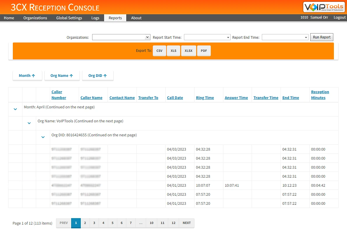 Reports tab with organization and date filters, export buttons, and calls grouped by month, organization and DID with a Reception Minutes column