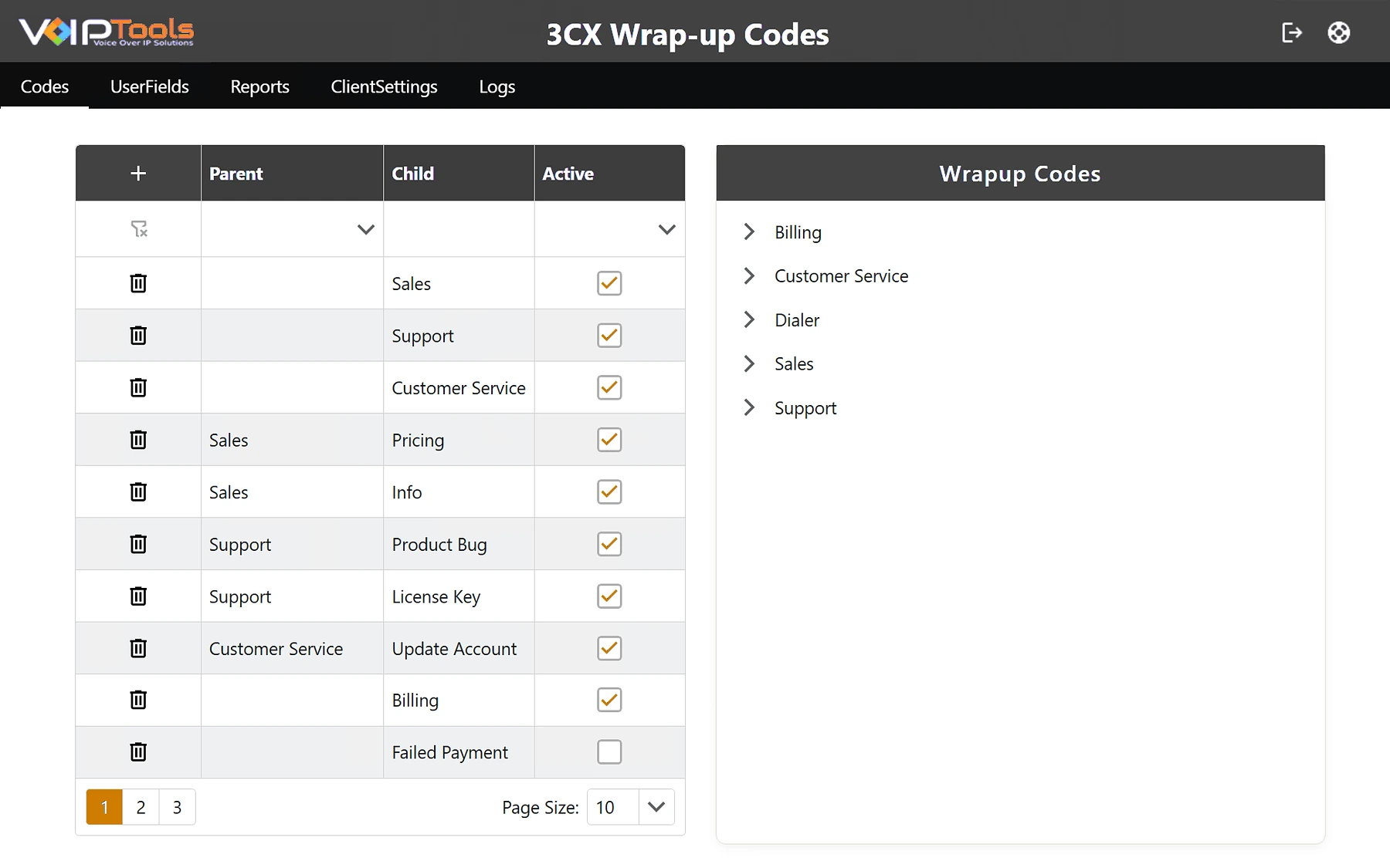 The Codes screen: a table of parent and child codes with an Active checkbox for each, and a tree of the active codes