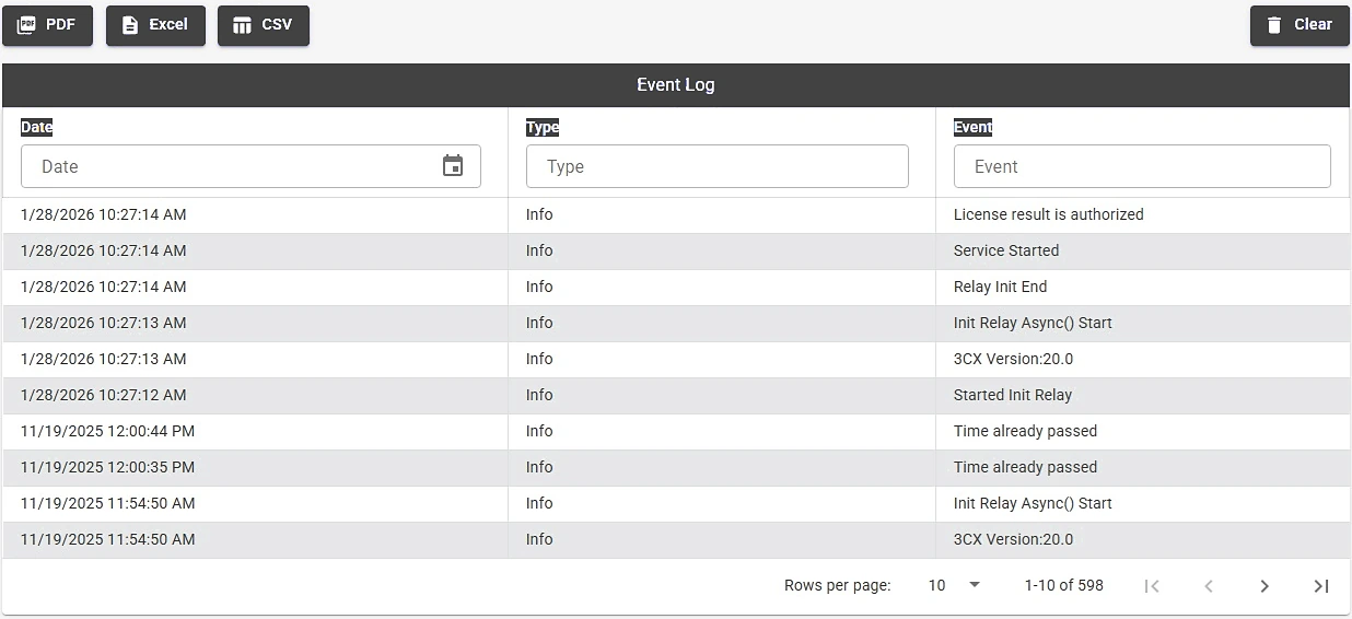 Event Log with Date, Type and Event columns, filter fields, and PDF, Excel, CSV and Clear buttons