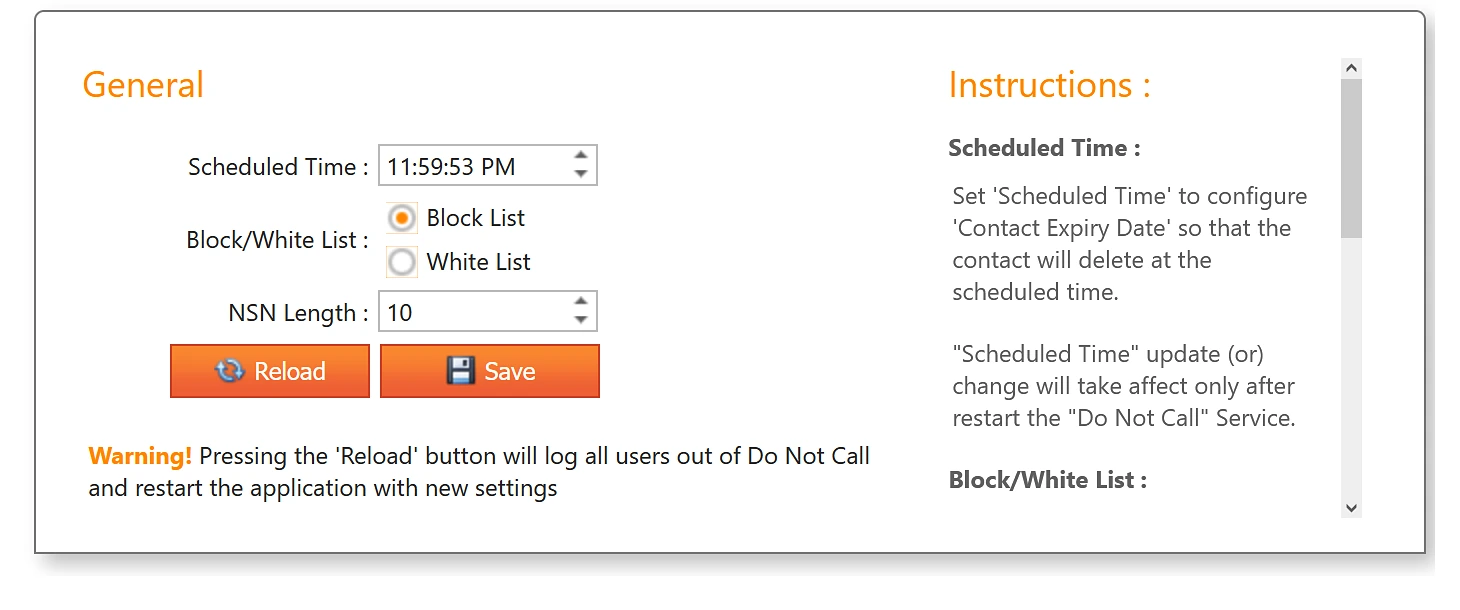 The Do Not Call General settings: Scheduled Time, Block/White List set to Block List, NSN Length set to 10, with Reload and Save buttons and instructions