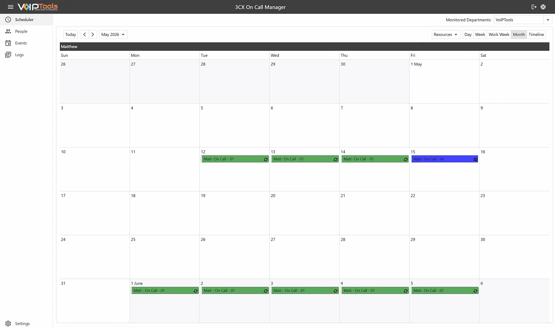 The On Call Manager scheduler showing a month of recurring on-call shifts, with one shift on a different escalation level