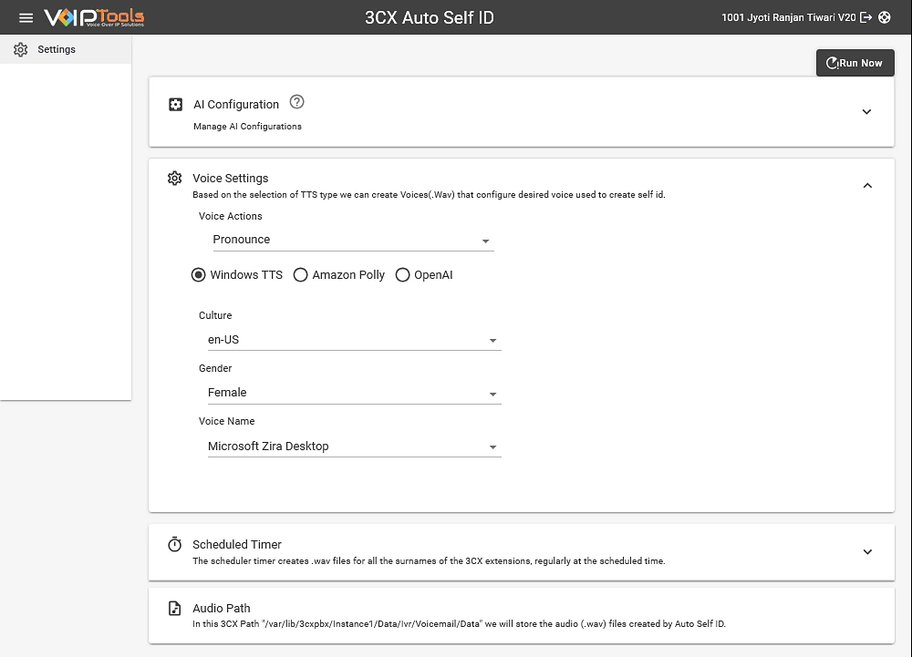 Auto Self-ID Settings screen with Voice Settings open: Voice Actions set to Pronounce, Windows TTS selected with culture en-US, a female voice and the Microsoft Zira Desktop voice, plus Scheduled Timer, Audio Path and a Run Now button