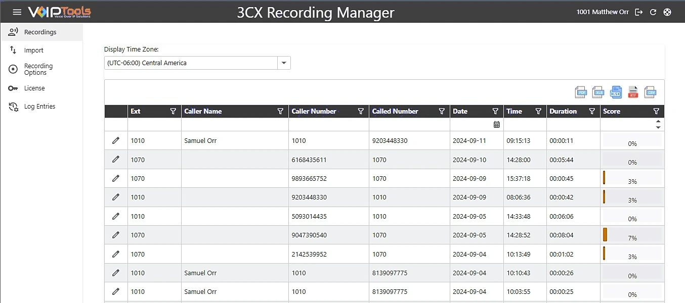 The Recordings list in Recording Manager, open in a web browser, with search filters, caller details and AI scores