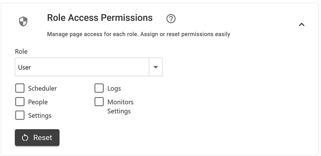 Role access permissions with page checkboxes for the User role