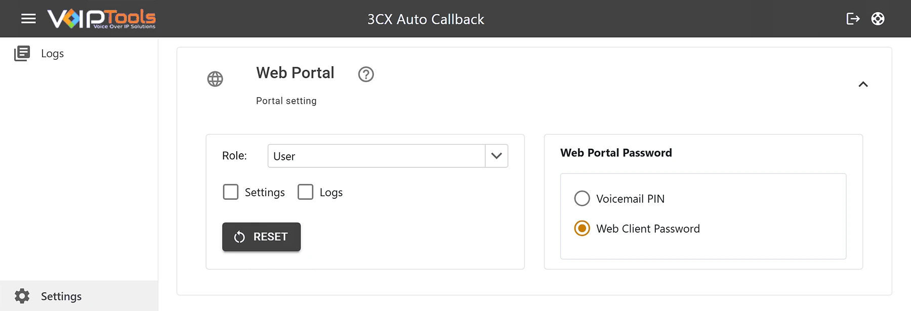 Auto Call Back Web Portal settings with a Role list set to User, Settings and Logs checkboxes, a Reset button and a choice of Voicemail PIN or Web Client Password
