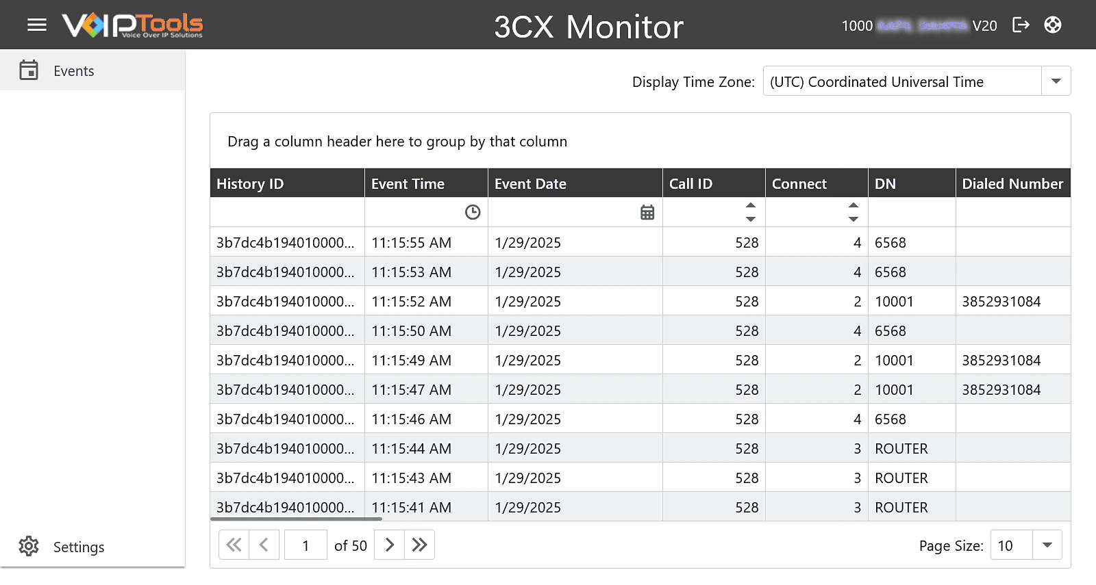 Monitor Events screen listing call events with History ID, Event Time, Event Date, Call ID, Connect, DN and Dialed Number columns, and a Display Time Zone selector