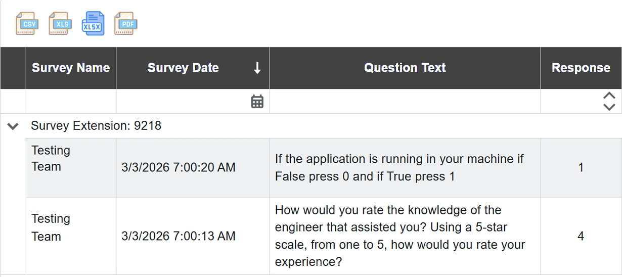 Survey Logs report with export buttons and Survey Name, Survey Date, Question Text and Response columns, grouped by survey extension
