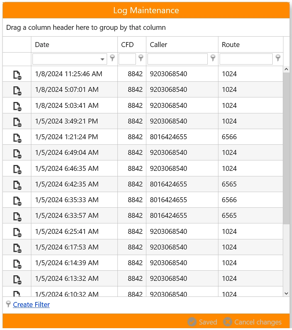 Call Router's Log Maintenance screen listing calls with date and time, CFD extension, caller number and the extension each call was routed to