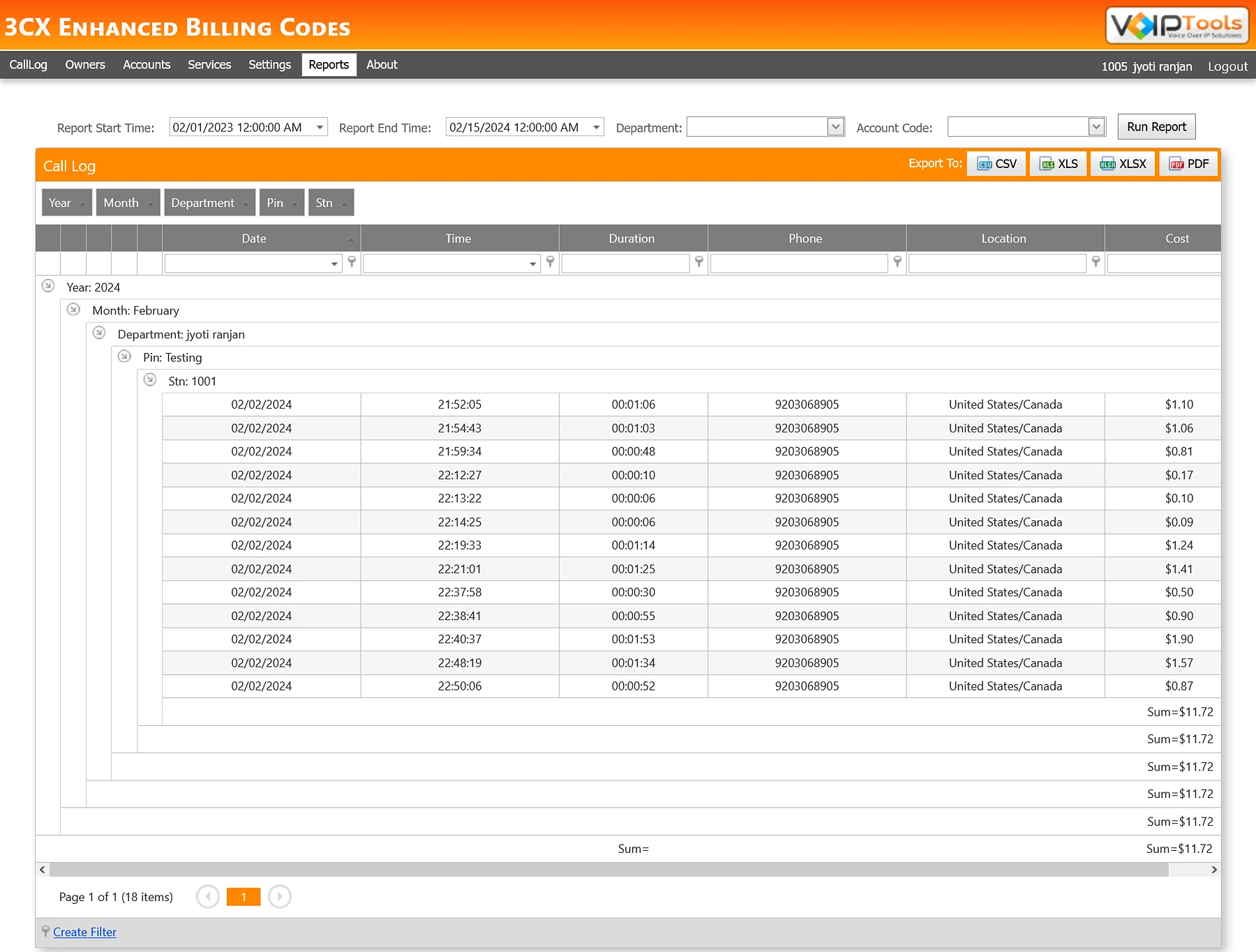 Enhanced Billing Codes report grouped by year, month, department, account code and extension, listing calls with date, time, duration, phone, location and cost, and sums at each level