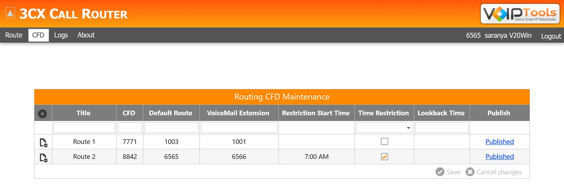 Call Router's Routing CFD Maintenance screen listing two published routes, with columns for title, CFD extension, default route, voicemail extension, restriction start time, time restriction, lookback time and publish