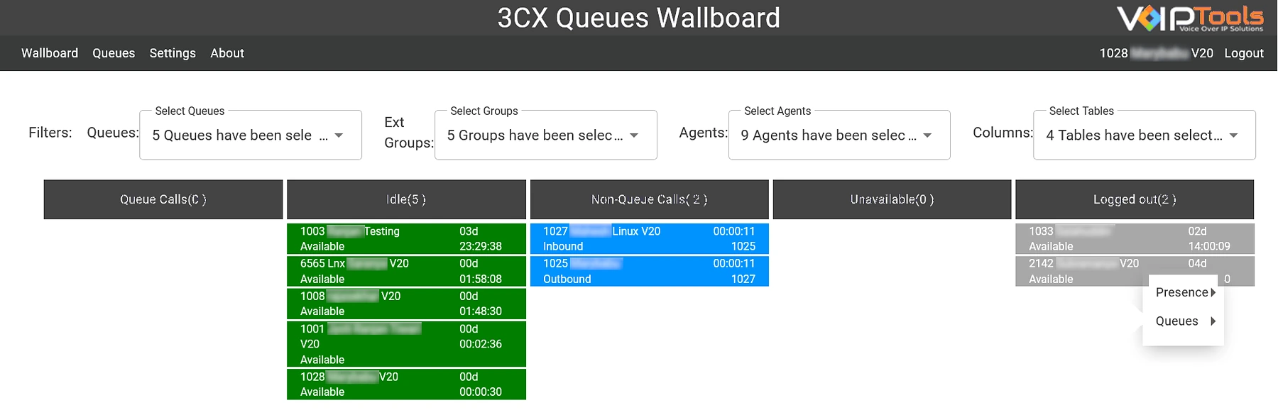 The Queues Wallboard agents view: filters for queues, groups, agents and columns, then agents sorted into queue calls, idle, non-queue calls, unavailable and logged out