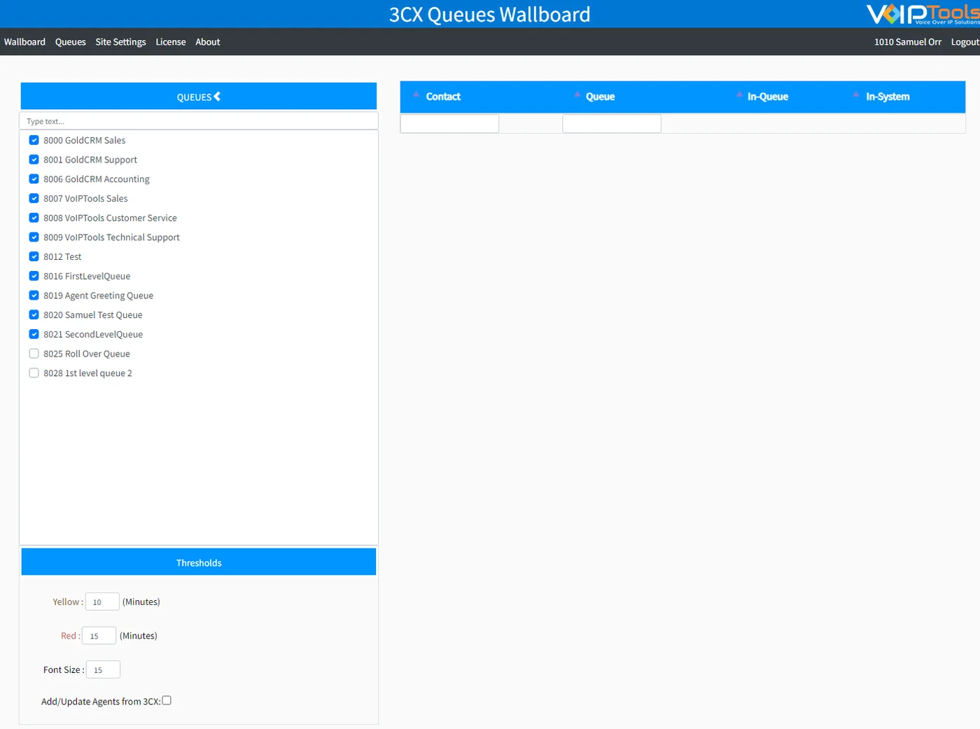 Queues Wallboard settings: a checklist of queues to show, and yellow and red wait-time thresholds in minutes