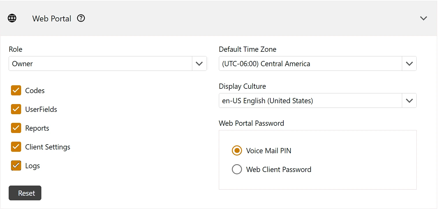 Web Portal settings: a Role list set to Owner with page checkboxes for Codes, UserFields, Reports, Client Settings and Logs, Default Time Zone, Display Culture, and a Web Portal Password choice of Voice Mail PIN or Web Client Password