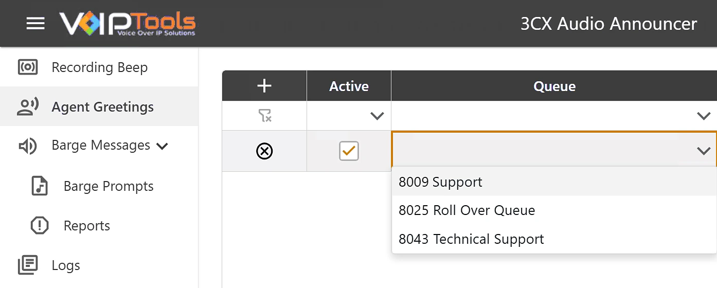 The Agent Greetings page in Audio Announcer: a new greeting row marked Active, with the Queue list open showing 8009 Support, 8025 Roll Over Queue and 8043 Technical Support