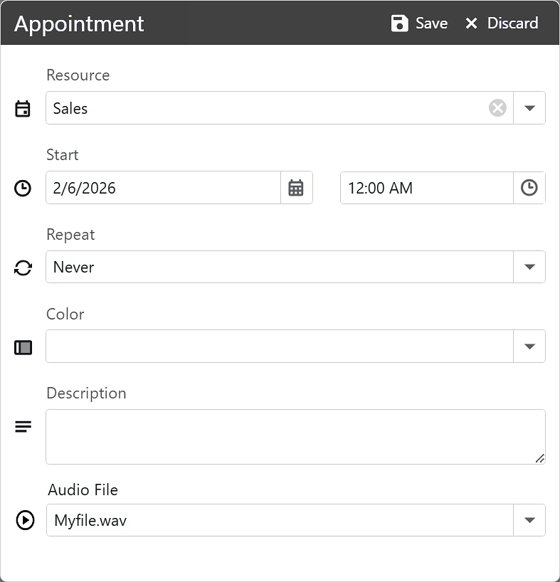 Appointment window with Resource, Start date and time, Repeat, Color, Description and Audio File fields