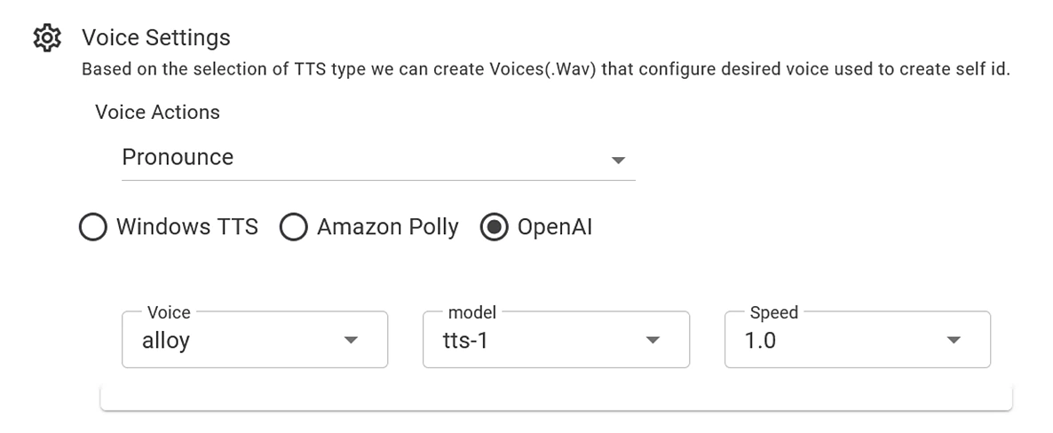 Voice Settings panel with Voice Actions set to Pronounce and OpenAI selected, with Voice set to alloy, model tts-1 and Speed 1.0