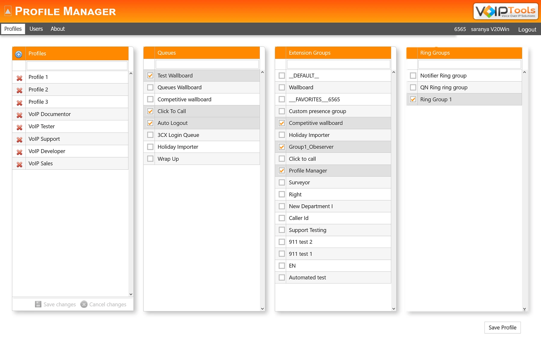 Profile Manager Profiles screen with a list of profiles, and queues, extension groups and ring groups ticked for the selected profile, with a Save Profile button