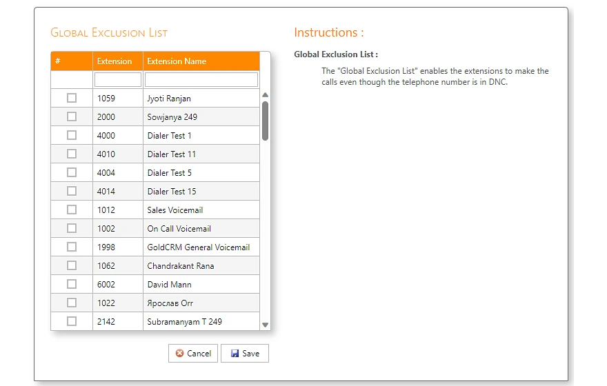The Global Exclusion List: a table of extensions with checkboxes, and instructions explaining that checked extensions can call numbers that are on the Do Not Call list