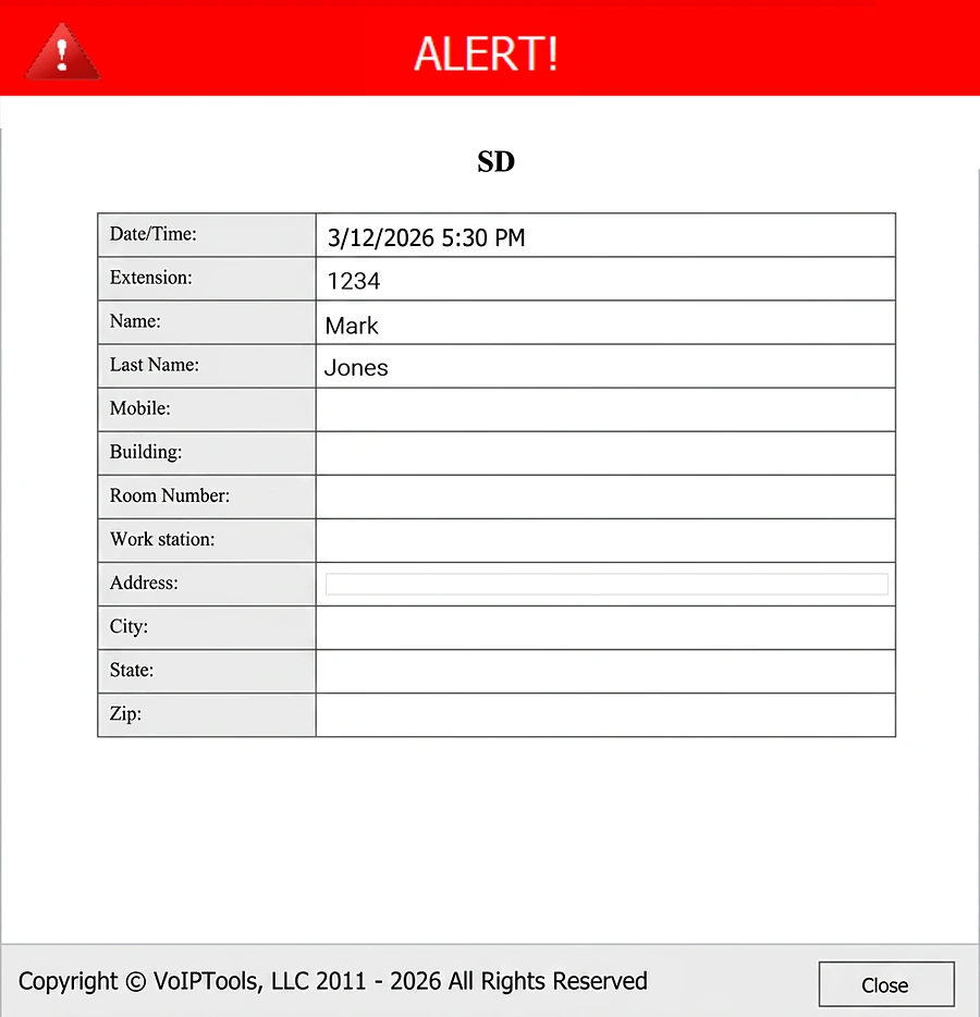 The Emergency Notifier desktop alert pop-up, with a red ALERT header and the date and time, extension, name, building, room number, workstation and address of the caller